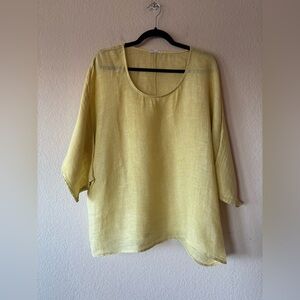100% Italian Linen Scoop Neck‎ Yellow Blouse